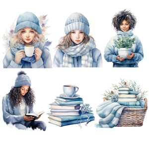 Pode incluir: Uma ilustra&ccedil;&atilde;o em aquarela de quatro mulheres usando chap&eacute;us e cachec&oacute;is de inverno azuis. Uma mulher est&aacute; segurando uma x&iacute;cara de caf&eacute;, outra est&aacute; segurando uma planta em vaso e as outras duas est&atilde;o lendo livros. A ilustra&ccedil;&atilde;o tamb&eacute;m inclui uma pilha de livros, uma cesta de vime e uma x&iacute;cara de caf&eacute;.