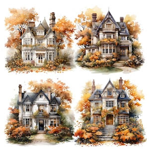 Fall Country House Watercolor Clipart Bundle, Transparent PNG ...