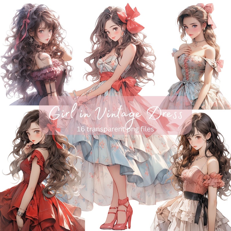 May include: Four digital illustrations of women wearing vintage dresses. The women have long brown hair and are wearing dresses with floral patterns. The dresses are in shades of blue, pink, and red. The text "Girl in Vintage Dress" and "16 transparent png files" is at the bottom of the image.
