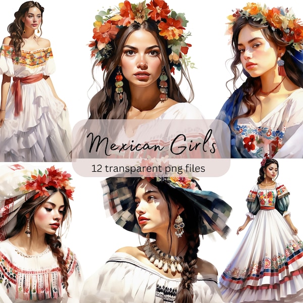 Mexican Girls Watercolor Clipart Bundle, Transparent PNG, Digital Download, Junk Journal Scrapbooking, Fashion illustration, Commercial Use