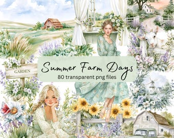 Green Summer Farm Days, Cozy Summer Watercolor Clipart Bundle, Transparent PNG, Digital Download, Card Making Scrapbooking, Cottagecore