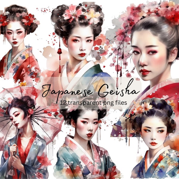 Japanese Geisha Watercolor Clipart Bundle, PNG, Instant Download, Portrait Asian Girl Clipart, Paper craft, Card Junk Journal Scrapbooking