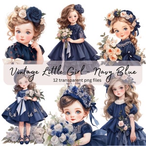 Navy Blue Vintage Little Girl Watercolor Clipart Bundle, Transparent PNG, Digital Download,Card Making Scrapbook Junk Journal Commercial Use