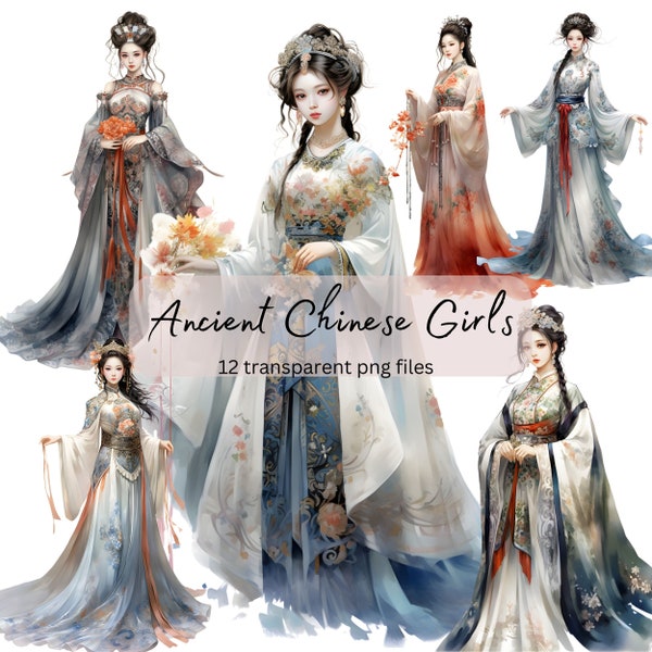 Ancient Chinese Girls Watercolor Clipart, transparent PNG, Hanfu Fantasy illustration, Paper craft, Junk Journal Scrapbooking, Card Making