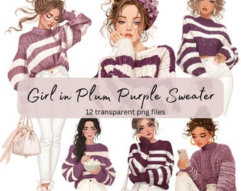 Herbst Mode Mädchen Aquarell Clipart Bundle, transparente PNG, digitaler Download, Kartenherstellung schöne Frau Dame, gemütlichen Cottagecore Herbst