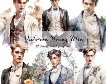 Victorian Young Men Vintage Watercolor Clipart Bundle, Transparent PNG, Digital Download, Card Making Scrapbook Junk Journal Commercial Use