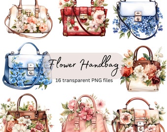 Pacote de clipart em aquarela de bolsas de flores, PNG transparente, download digital, confecção de cartão de acessório de bolsa, diário de lixo, uso comercial