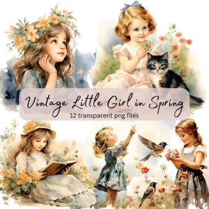 Frühling Vintage kleines Mädchen Aquarell Clipart Bundle, transparente PNG, digitaler Download, Kartenherstellung, Regentag Illustration, kommerzielle Nutzung