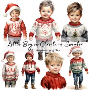 Christmas Little Boy Watercolor Clipart Bundle, transparent PNG, Cute Boy Sweater Clipart,Sublimation, Paper craft,Junk Journal Scrapbooking