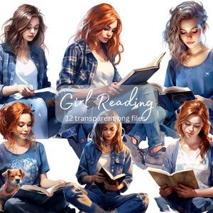 Bookworm Reading Watercolor Clipart Bundle, PNG trasparente, Ragazza che studia Clipart, Amante del libro, Mestiere di carta studente, Junk Journal Scrapbooking