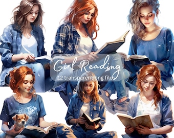 Bookworm Reading Watercolor Clipart Bundle, transparent PNG, Girl studying Clipart, Book Lover,Student Paper craft,Junk Journal Scrapbooking