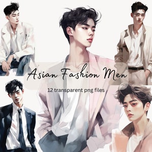 Mode asiatique hommes aquarelle Clipart Bundle, PNG Transparent, téléchargement numérique, fabrication de cartes de mode, modèle clipart Illustration, utilisation commerciale