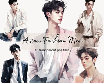 Asian Fashion Men Watercolor Clipart Bundle, Transparent PNG,Digital Download,Fashion Card Making, Model clipart Illustration,Commercial Use
