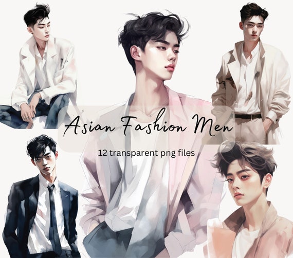 Asian Fashion Men Watercolor Clipart Bundle, Transparent PNG,Digital Download,Fashion Card Making, Model clipart Illustration,Commercial Use