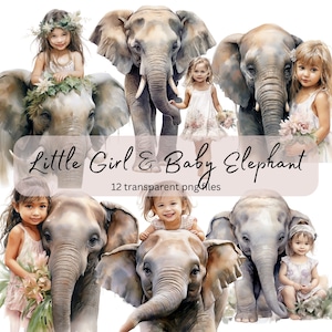 Little Girl With Baby Elephant Watercolor Clipart Bundle, transparent PNG, Cute Child and Animal, Paper craft, Junk Journal Scrapbooking