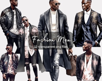 Fashion Men Watercolor Clipart Bundle, Transparent PNG, Digital Download, Fashion Card Making,Black Men clipart Illustration, Commercial Use