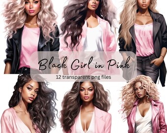 Pink Fashion Girl Watercolor Clipart Bundle, Transparent PNG, Digital Download,Card Making Woman,Fashion clipart Illustration,Commercial Use