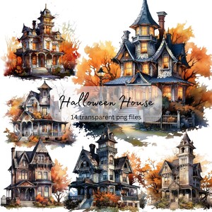 Könnte beinhalten: Ein Set mit 14 digitalen Illustrationen von mit Aquarell gemalten Halloween-Häusern. Die Häuser sind in verschiedenen Stilen gehalten, einige haben einen gruseligen, gotischen Look, andere wirken eher verspielt. Die Häuser sind alle vor einem Hintergrund aus Herbstlaub und Bäumen platziert.