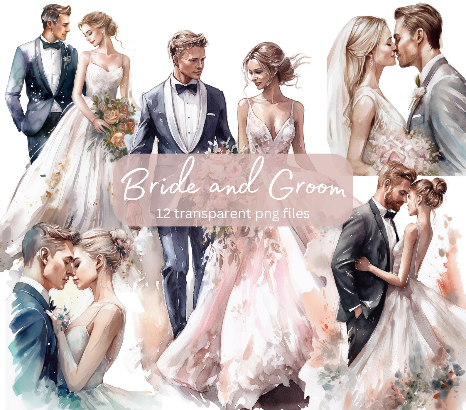 Bride and Groom Watercolor Clipart Bundle, Transparent PNG, Wedding ...