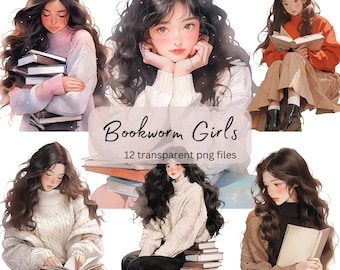 Bookworm Reading Watercolor Clipart Bundle, transparent PNG, Girl studying Clipart, Book Lover,Student Paper craft,Junk Journal Scrapbooking