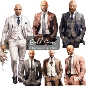 Bald Groom Watercolor Clipart Bundle, Transparent PNG, Digital Download, Wedding Card Making, Junk Journal, Fashion Clipart, Commercial Use