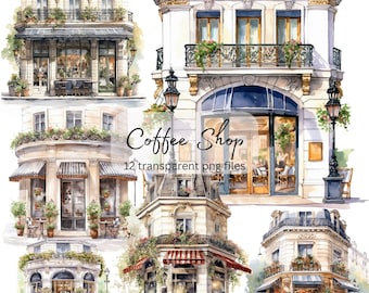 Coffee Shop Café Watercolor Clipart Bundle, Transparent PNG, Cute House,Instant Download, Scrapbook, Cark Making,Junk Journal,Commercial Use