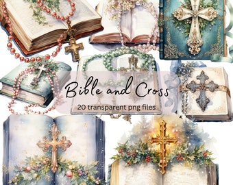Bible Book Cross Watercolor Clipart Bundle, Transparent PNG, Digital Download,Religious Christian Card Making,Junk Journaling,Commercial Use