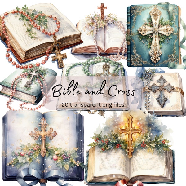 Bible Book Cross Watercolor Clipart Bundle, Transparent PNG, Digital Download,Religious Christian Card Making,Junk Journaling,Commercial Use