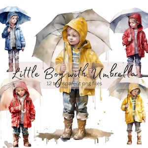 Little Boy with Umbrella Watercolor Clipart Bundle, Transparent PNG, Digital Download, Card Making, Raining day Illustration, Commercial Use