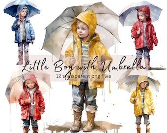 Little Boy with Umbrella Watercolor Clipart Bundle, Transparent PNG, Digital Download, Card Making, Raining day Illustration, Commercial Use