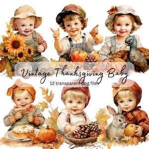 Thanksgiving Vintage Baby Watercolor Clipart Bundle, transparent PNG, Cute Autumn Kids Card Making, Paper craft, Junk Journal Scrapbooking