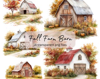 Fall Farm Barn Watercolor Clipart, Transparent PNG, Landscape, Cute Autumn House, Instant Download, Scrapbook, Junk Journal, Commercial Use