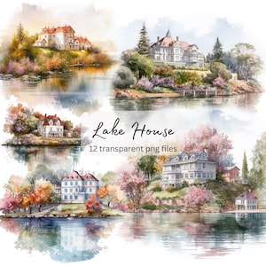 Lake House Watercolor Clipart Bundle, Transparent PNG, landscape Summer clipart,  Instant Download, Scrapbook, Junk Journal, Commercial Use