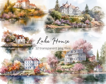 May include: A watercolor painting of a lake house with a lush green lawn and colorful flowers. The house is white with a red roof and has a large porch. The lake is blue and reflects the sky and trees. The painting is surrounded by a white border.
