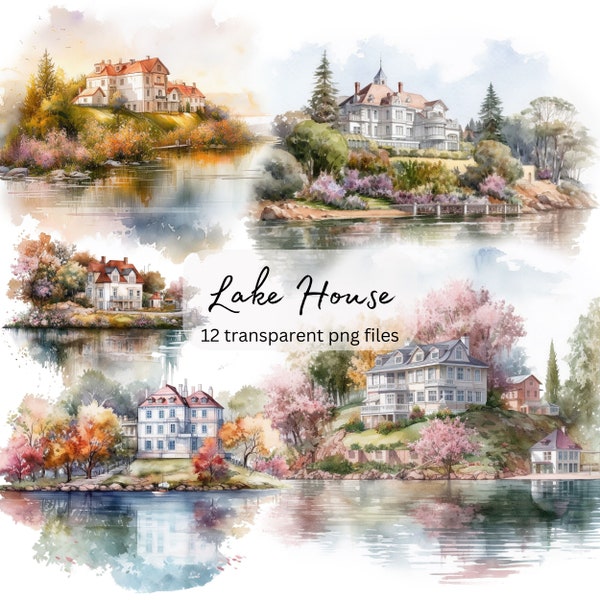 Lake House Watercolor Clipart Bundle, Transparent PNG, landscape Summer clipart,  Instant Download, Scrapbook, Junk Journal, Commercial Use