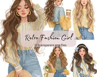 Retro Fashion Girl Watercolor Clipart Bundle, Transparent PNG,Digital Download,Card Making Woman,Fashion clipart Illustration,Commercial Use