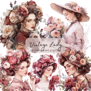 Red Flower Vintage Lady Watercolor Clipart Bundle, Transparent PNG, Digital Download, Card Making Scrapbooking, Junk Journal Commercial Use