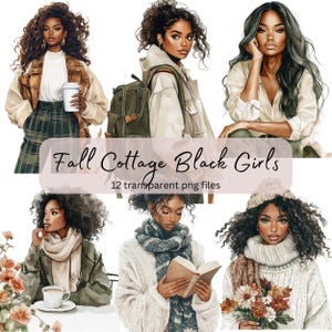Pacchetto di clipart di acquerelli di ragazze nere di Fall Cottage, PNG trasparenti, download digitale, creazione di biglietti, bella donna, accogliente cottagecore