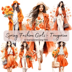 Pacote de clipart aquarela de meninas da moda primavera, PNG transparente, download digital, cartão fazendo linda mulher senhora, ilustração de modelo asiático