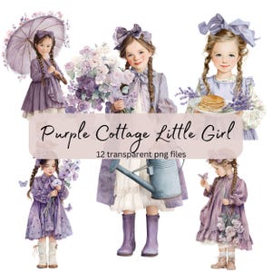 Pacchetto di clipart acquerellate di "Purple Cottage Little Girl", per bambini d'estate, PNG trasparenti, download digitale, creazione di biglietti, carta, uso commerciale
