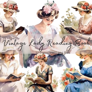 Vintage Lady Reading Aquarell Clipart Bundle, transparentes PNG, Mädchen studiert Clipart, Buchliebhaber, Papierhandwerk, Junk Journal Scrapbooking