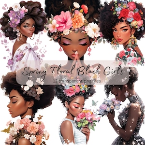 Pacchetto di clipart dell'acquerello di ragazze nere floreali primaverili, PNG trasparente, download digitale, creazione di cartolinebella donna, illustrazione del modello di moda