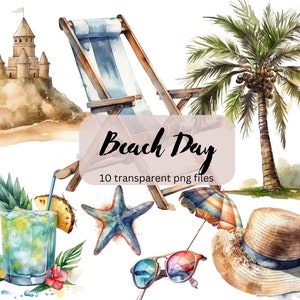 Summer Beach Watercolor Clipart Bundle, Transparent PNG, travel vacation clipart, Instant Download, Scrapbook, Junk Journal, Commercial Use