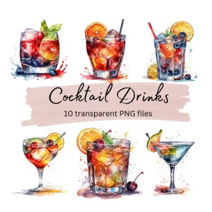 Watercolor Cocktails Clipart, Transparent PNG, Summer Party Cocktails, Alcohol Drinks Clipart, Kitchen Art, Clipart Bundle, Commercial Use
