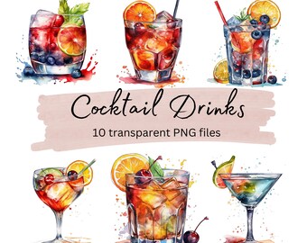 Watercolor Cocktails Clipart, Transparent PNG, Summer Party Cocktails, Alcohol Drinks Clipart, Kitchen Art, Clipart Bundle, Commercial Use