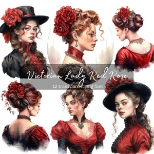 Victorian Lady Red Rose Watercolor Clipart Bundle, Transparent PNG, Digital Download, Card Making Scrapbook Junk Journal Commercial Use