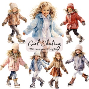Può includere: Illustrazioni ad acquerello di giovani ragazze che pattinano sul ghiaccio, che indossano cappotti invernali, cappelli e pattini. L'immagine include il testo "Girl Skating" e "20 transparent png files".