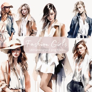 Fashion Girl Watercolor Clipart Bundle, PNG trasparente, Download digitale, Card Making Woman, Lady boss clipart Illustration, Uso commerciale