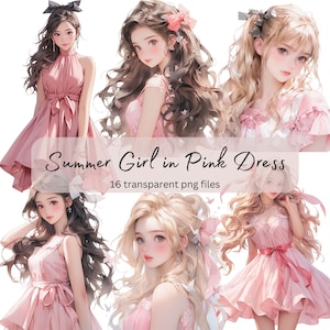 Summer Girl in Pink Dress Clipart Bundle, Transparent PNG, Digital Download, Card Making Woman, Anime Fashion Illustration, Commercial Use