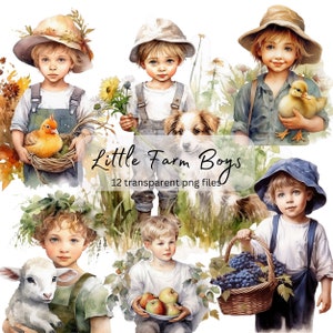 Farm Boys Clipart Bundel, transparante PNG, Cute Boy Clipart, Sublimatie van het platteland, Kaarten maken, Papierambacht, Junk Journal Scrapbooking